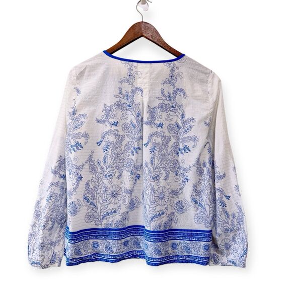 Point Sur J Crew Blue Boho Peasant Blouse Size Large White Long Sleeve Lurex - Picture 3 of 8